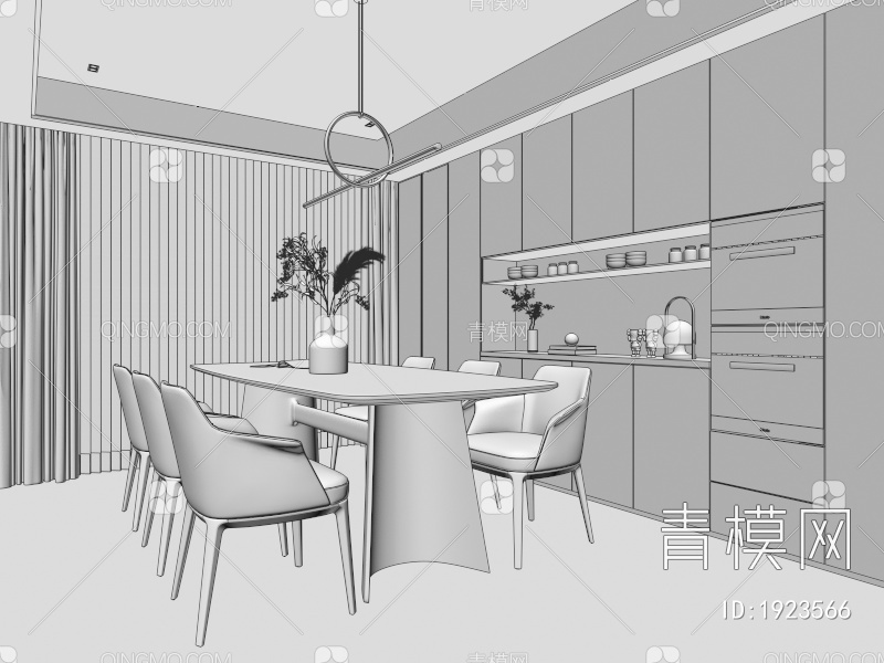 餐厅 餐桌椅 玻璃柜 书柜 画 吧台 酒柜 奶油风餐厅 吊灯 岛台3D模型下载【ID:1923566】