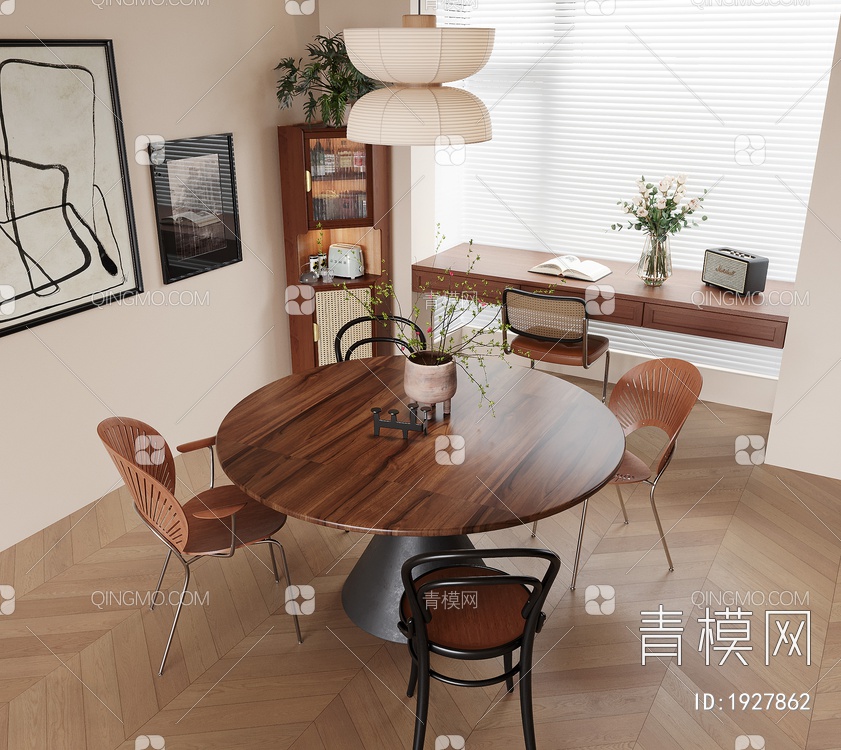 中古餐桌椅组合 餐边柜3D模型下载【ID:1927862】