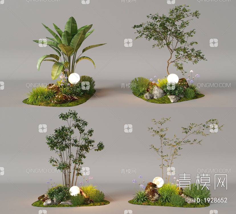 植物堆 组团小景  植物堆 庭院小景 草坪组团花草 植物组合3D模型下载【ID:1928652】