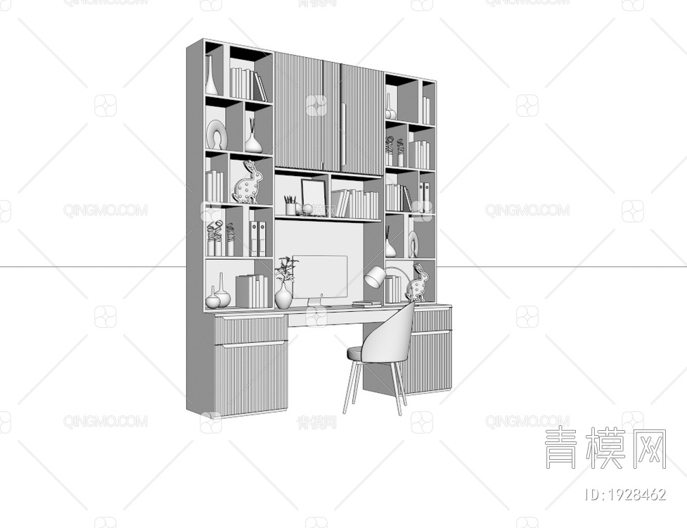 一体式书柜书桌椅3D模型下载【ID:1928462】