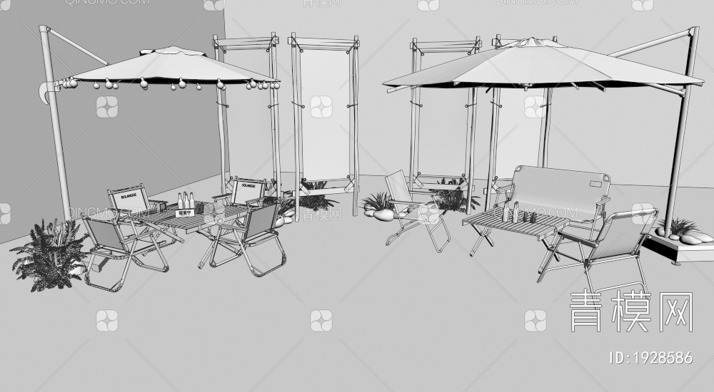 户外桌椅 遮阳伞3D模型下载【ID:1928586】