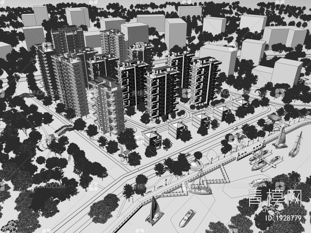 建筑鸟瞰公园景观3D模型下载【ID:1928779】