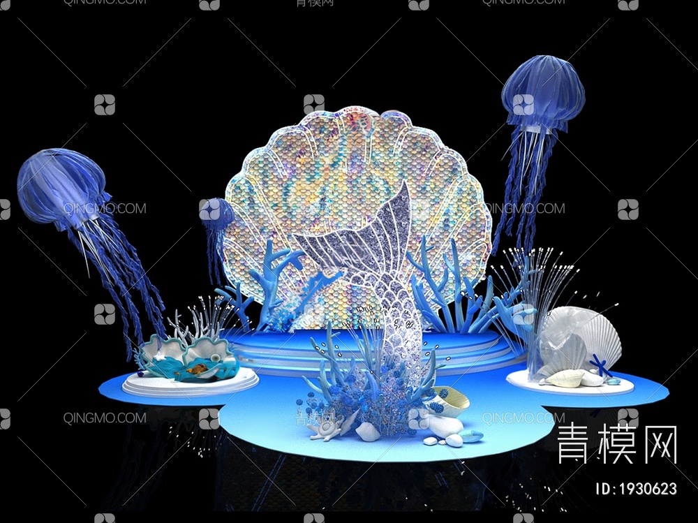 海洋风主题美陈 夏日海洋主题 贝壳 水母3D模型下载【ID:1930623】
