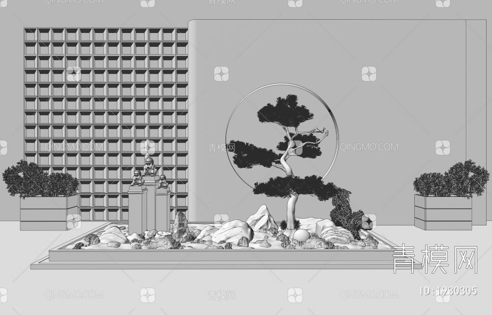 绿植景观 石子 景观树 石狮子3D模型下载【ID:1930305】
