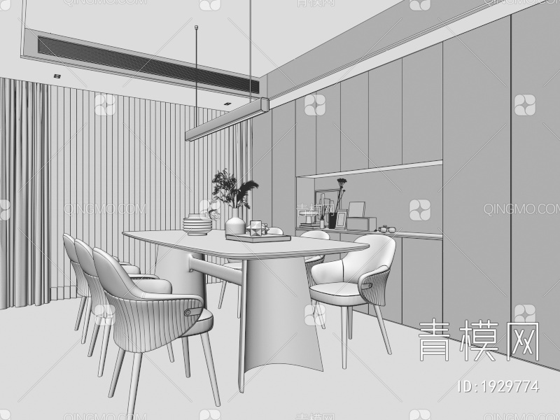 餐厅 餐桌椅 玻璃柜 书柜 画 吧台 酒柜 奶油风餐厅 吊灯 岛台3D模型下载【ID:1929774】