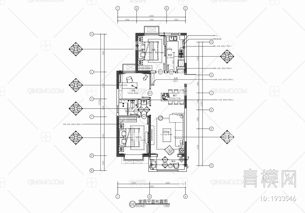 85㎡三居室家装室内施工图 家装 私宅 平层 样板房【ID:1933546】