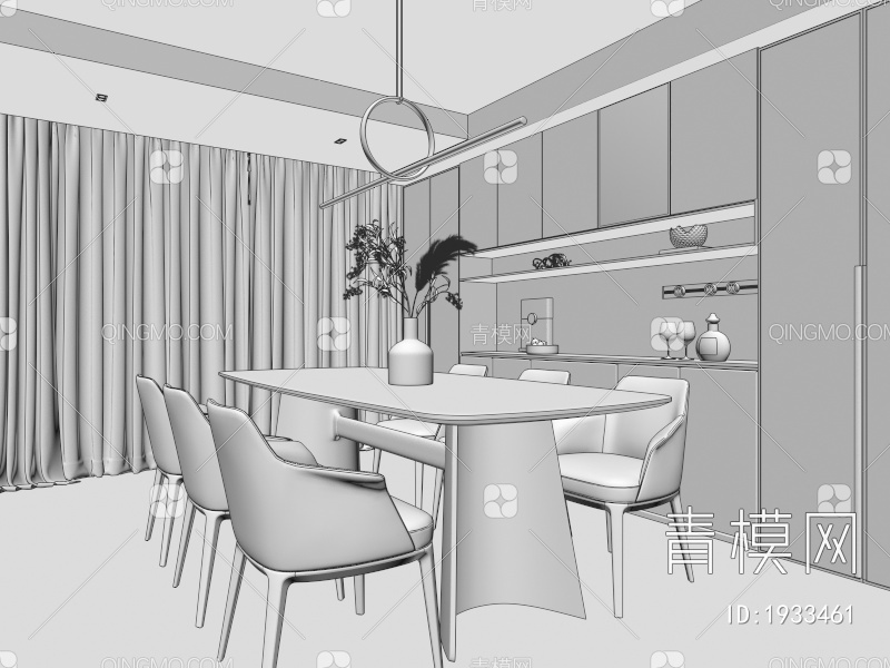 餐厅 餐桌椅 玻璃柜 书柜 画 吧台 酒柜 奶油风餐厅 吊灯 岛台3D模型下载【ID:1933461】