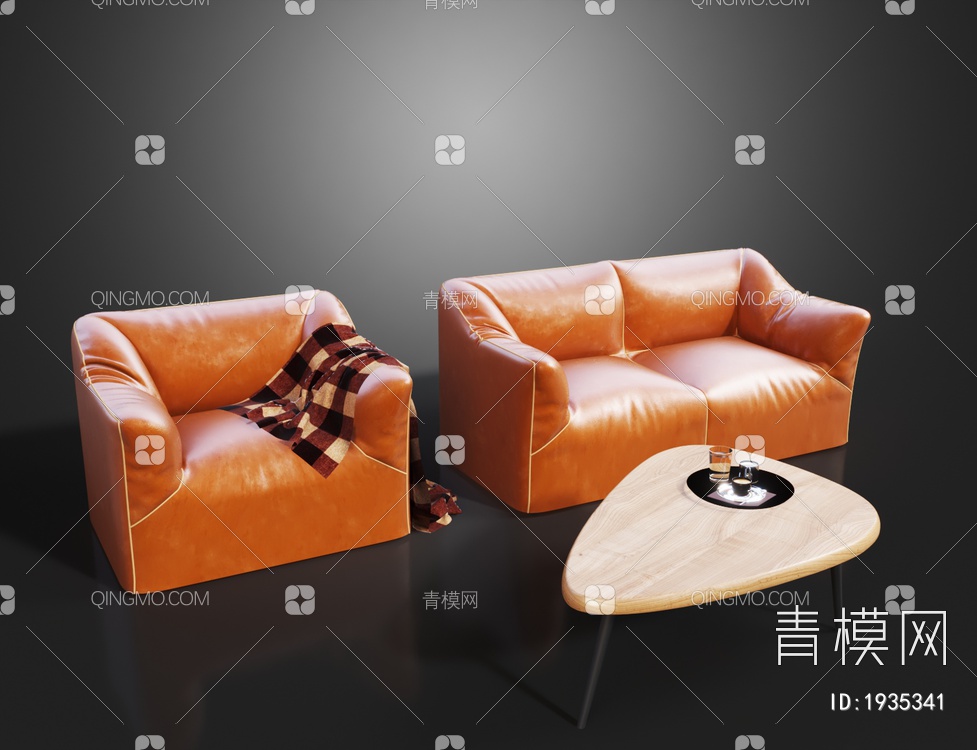 橙色皮革沙发组合3D模型下载【ID:1935341】