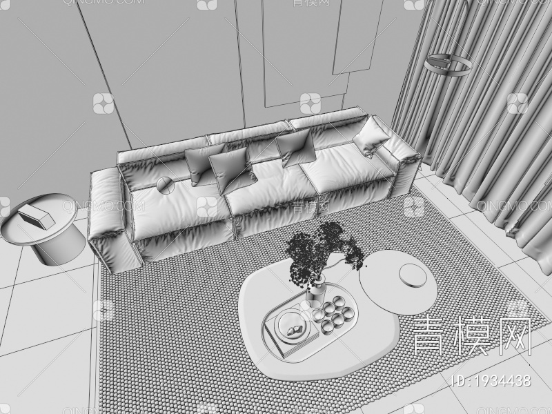 三人沙发 双人沙发 奶油风沙发 茶几 画 落地灯 地毯3D模型下载【ID:1934438】