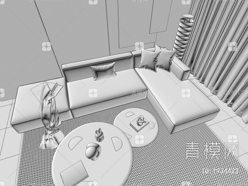三人沙发 双人沙发 奶油风沙发 茶几 画 落地灯 地毯3D模型下载【ID:1934423】