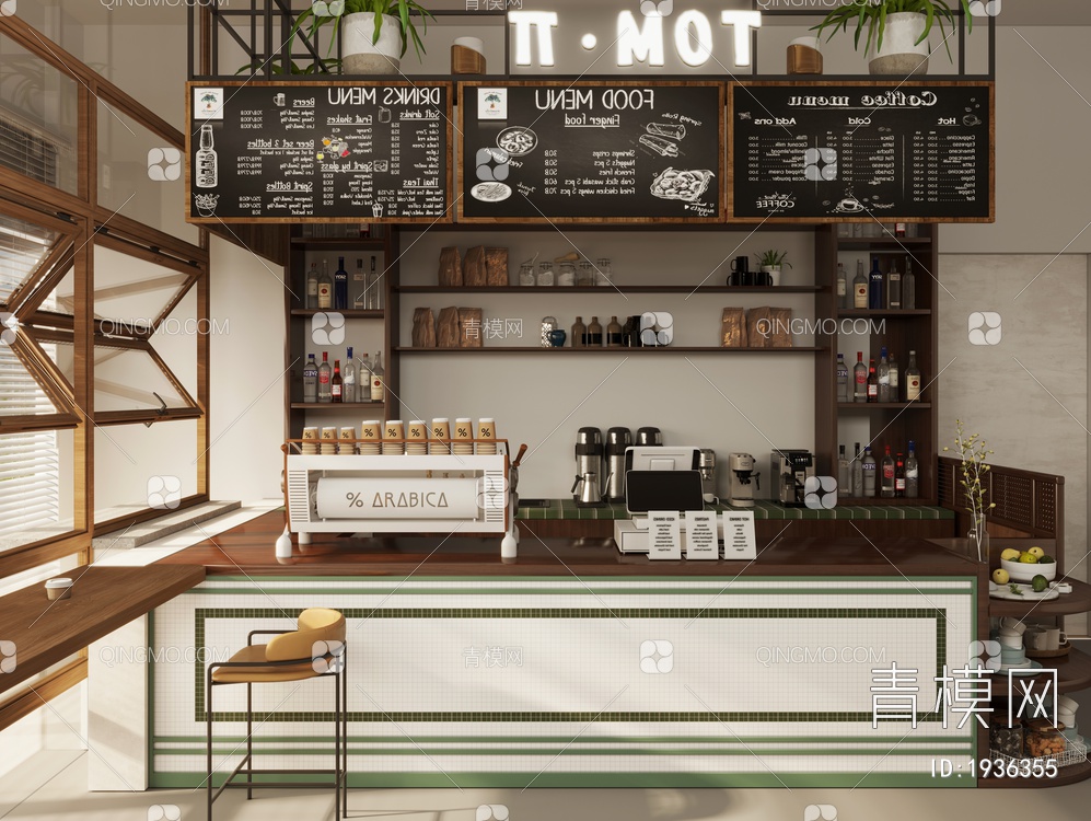 咖啡厅工作台_吧台凳_咖啡机器摆件组合_餐牌3D模型下载【ID:1947068】