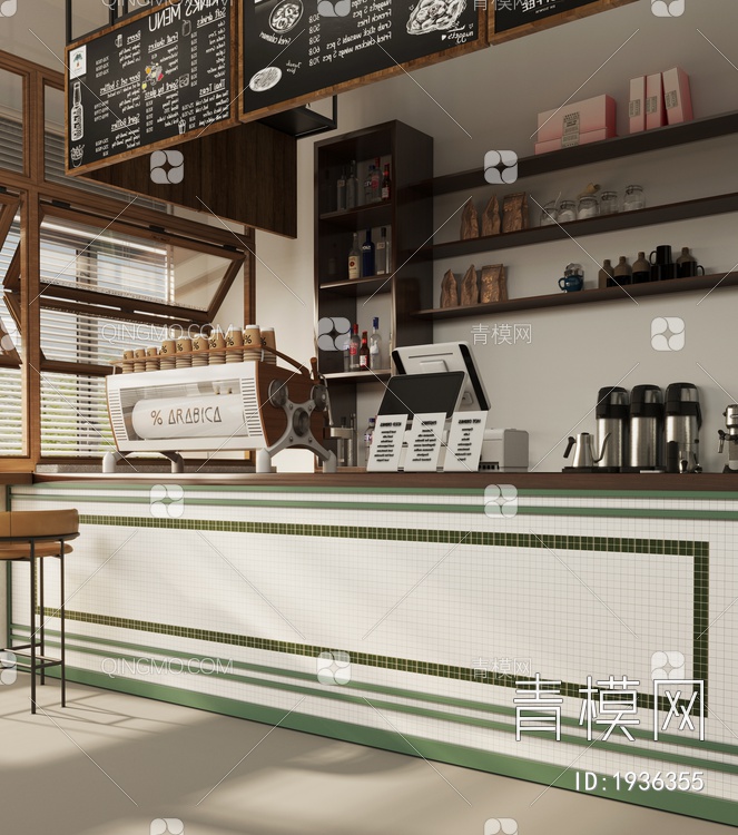 咖啡厅工作台_吧台凳_咖啡机器摆件组合_餐牌3D模型下载【ID:1947068】