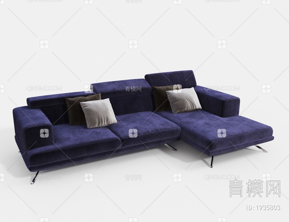 蓝色绒布转角沙发 多人沙发3D模型下载【ID:1935803】