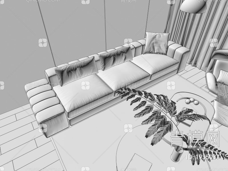 三人沙发 双人沙发 奶油风沙发 茶几 画 落地灯 地毯3D模型下载【ID:1935037】