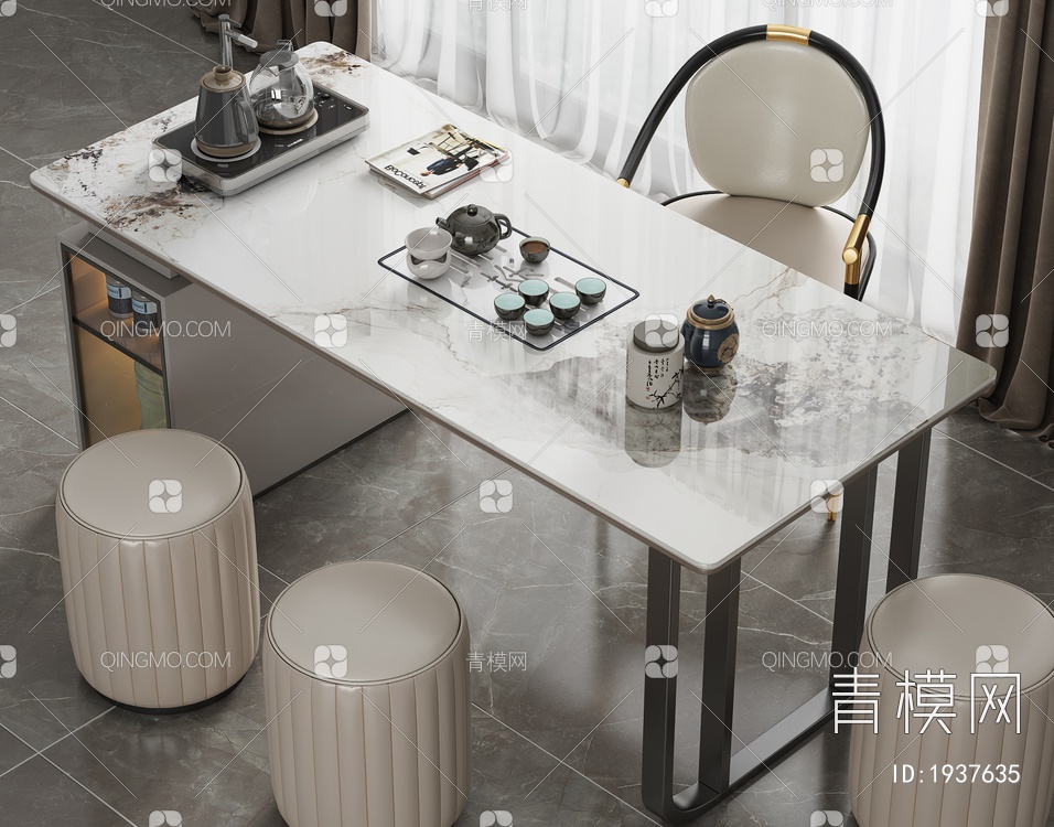 大理石茶桌椅组合，茶室，大理石茶桌，茶台3D模型下载【ID:1937635】