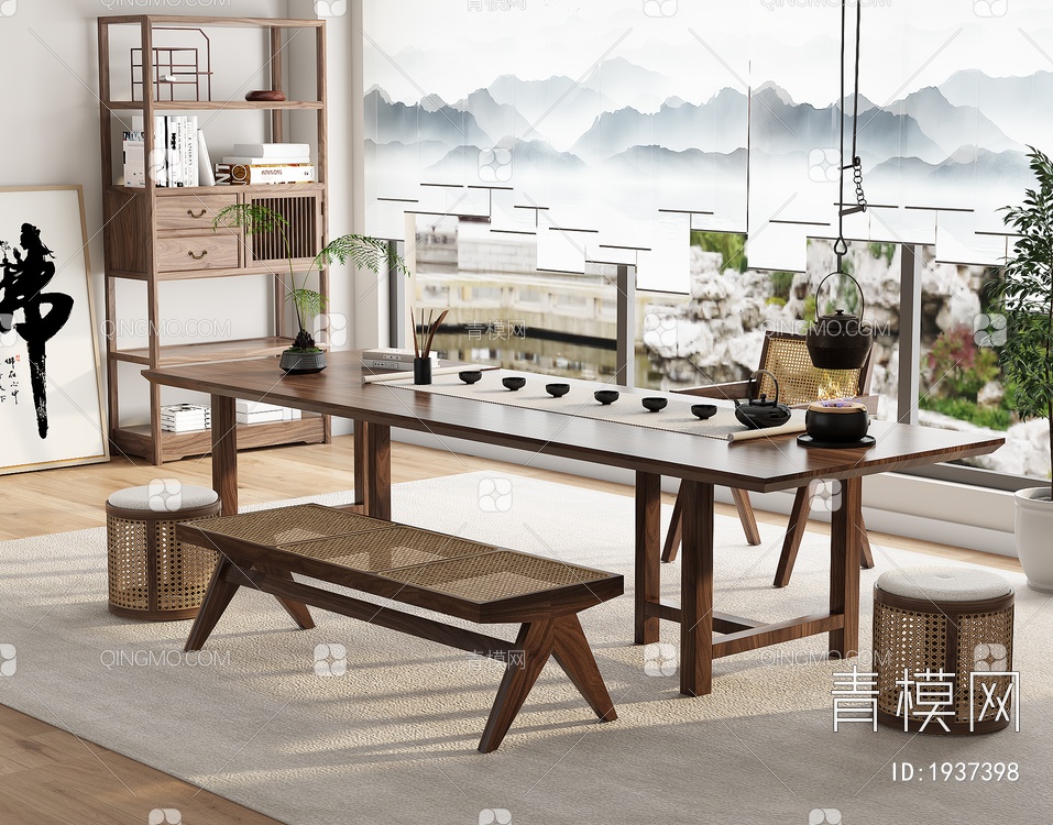 茶室 实木茶桌椅组合3D模型下载【ID:1937398】