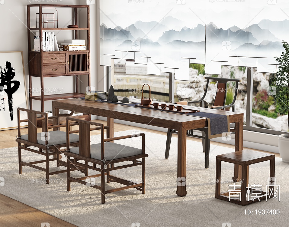 茶室 实木茶桌椅组合3D模型下载【ID:1937400】