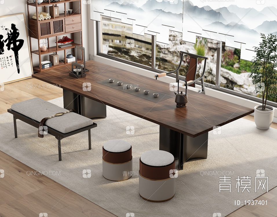 茶室 实木茶桌椅组合3D模型下载【ID:1937401】