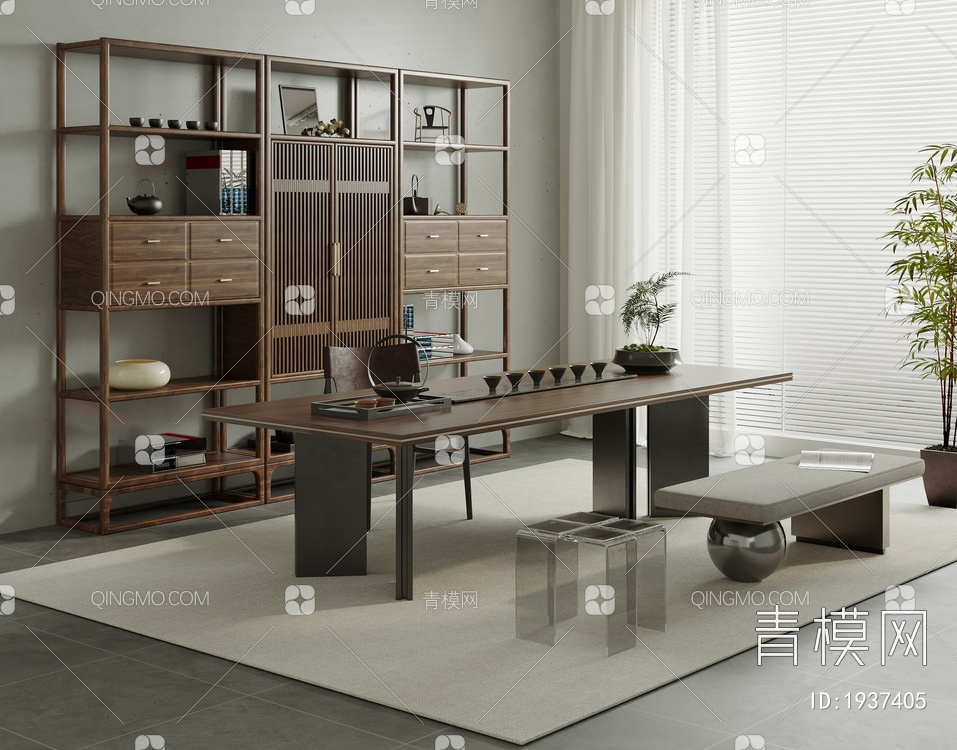 茶室，实木茶桌椅组合3D模型下载【ID:1937405】