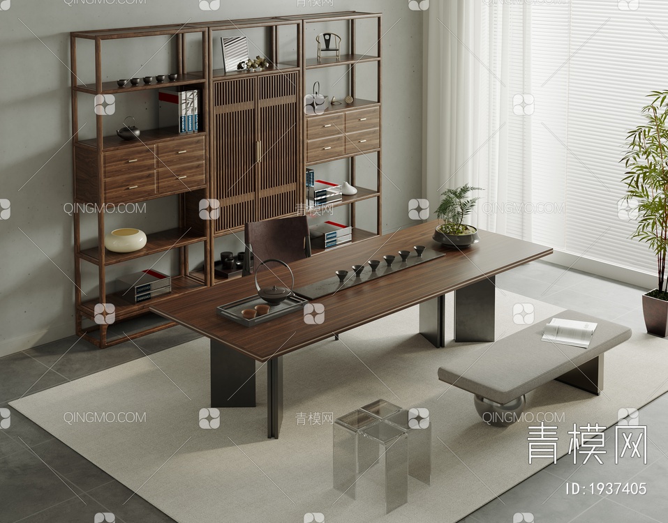 茶室，实木茶桌椅组合3D模型下载【ID:1937405】