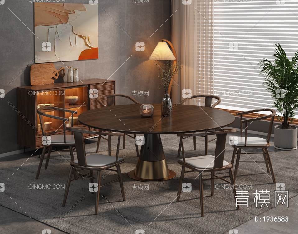 实木餐桌椅组合3D模型下载【ID:1936583】