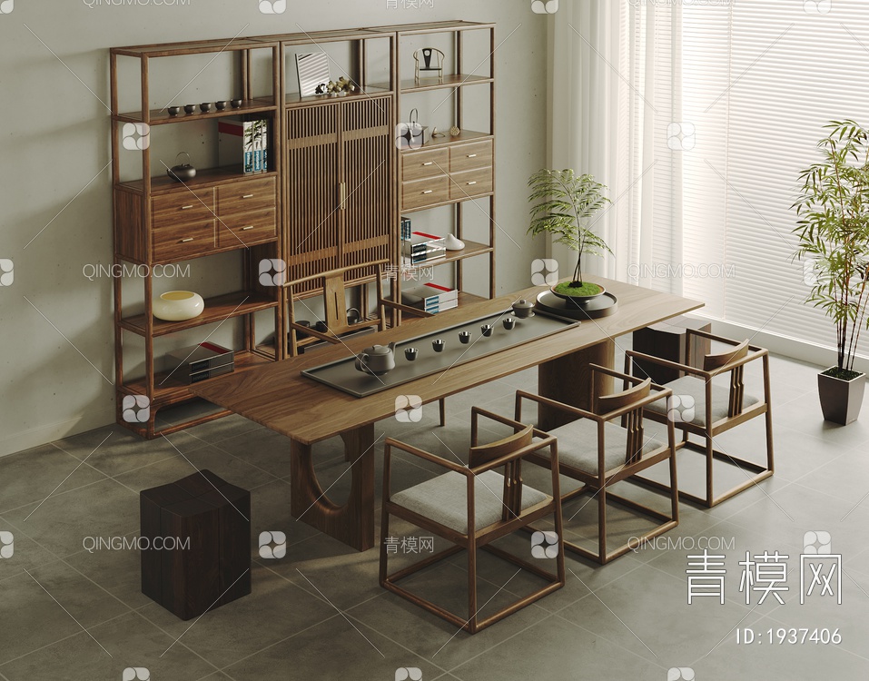 茶室，实木茶桌椅组合3D模型下载【ID:1937406】