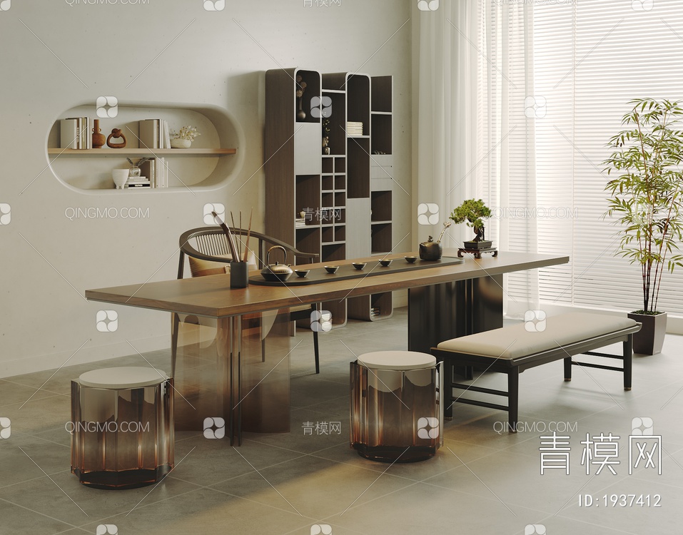 茶室 实木茶桌椅组合3D模型下载【ID:1937412】