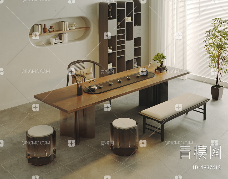 茶室 实木茶桌椅组合3D模型下载【ID:1937412】