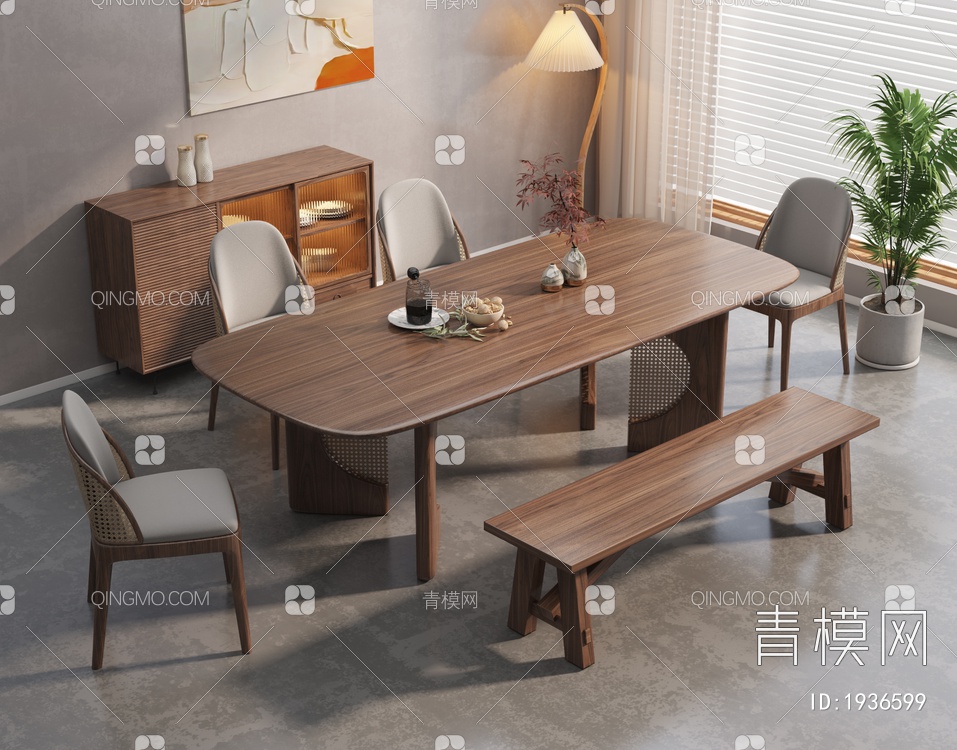 实木餐桌椅组合3D模型下载【ID:1936599】
