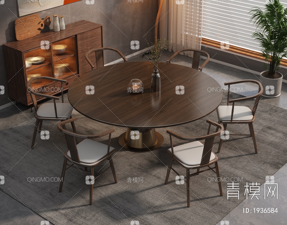实木餐桌椅组合SU模型下载【ID:1936584】