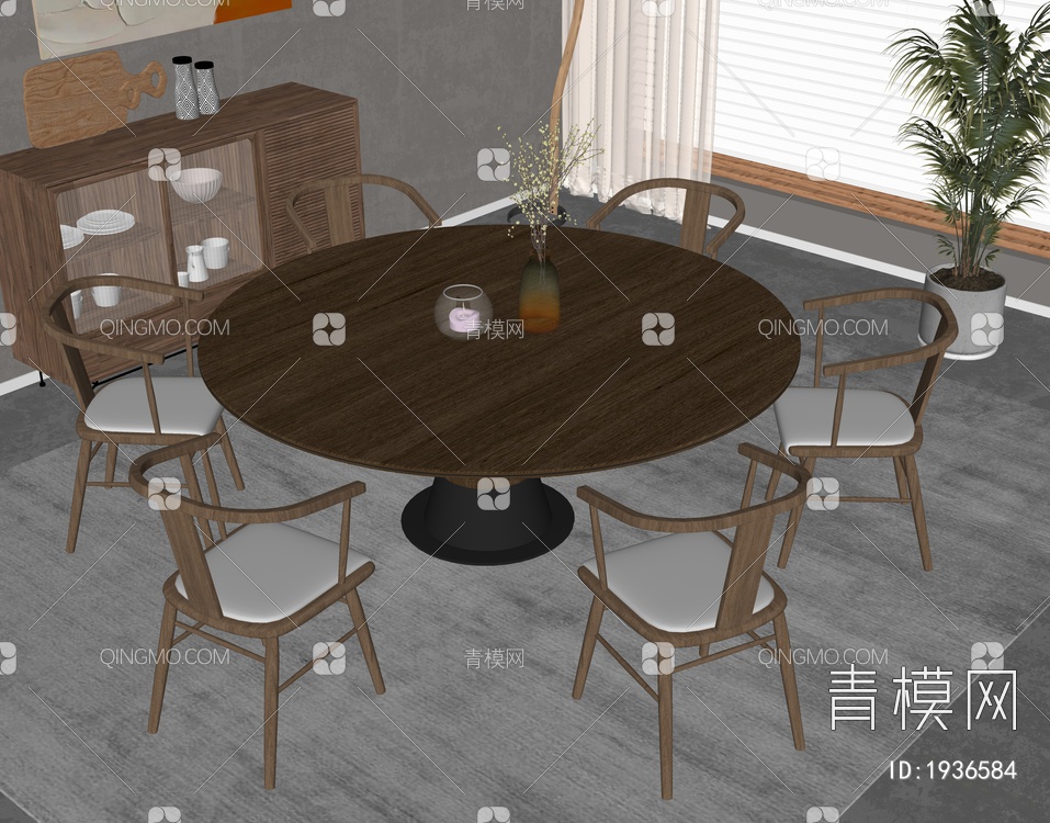 实木餐桌椅组合SU模型下载【ID:1936584】