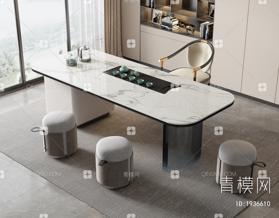 大理石茶桌椅组合3D模型下载【ID:1936610】