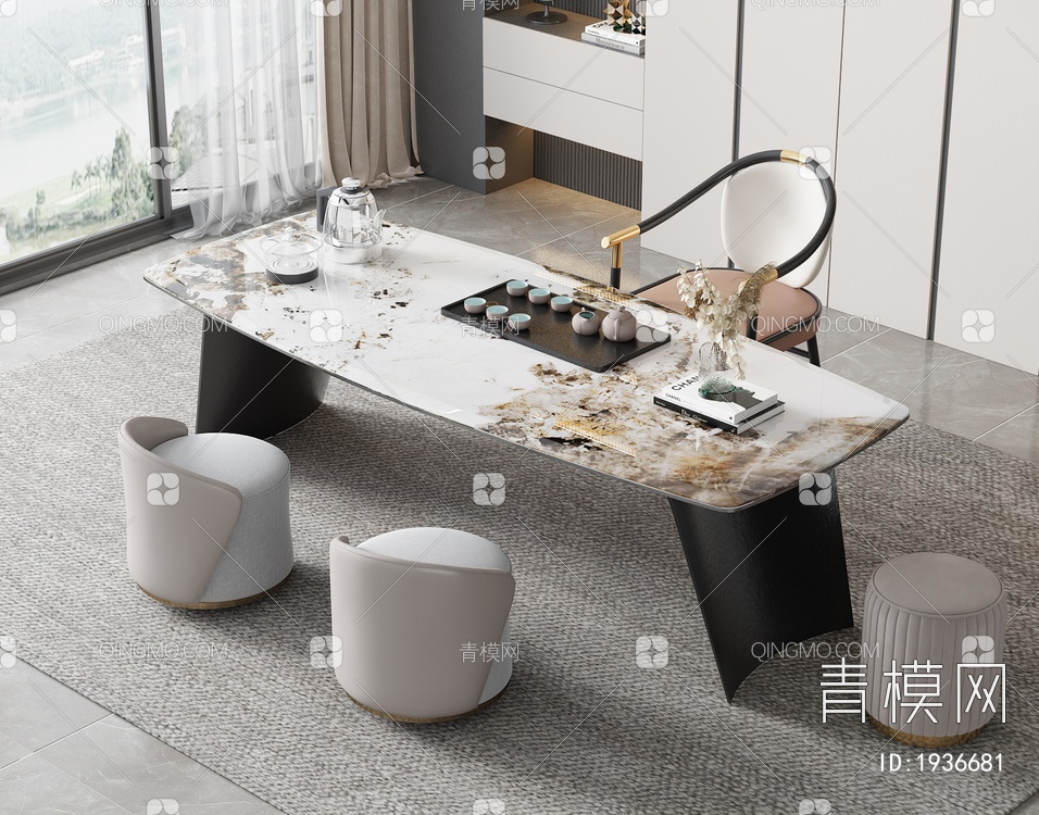 大理石茶桌椅组合3D模型下载【ID:1936681】