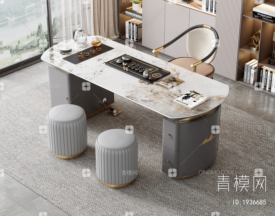 大理石茶桌椅组合3D模型下载【ID:1936685】