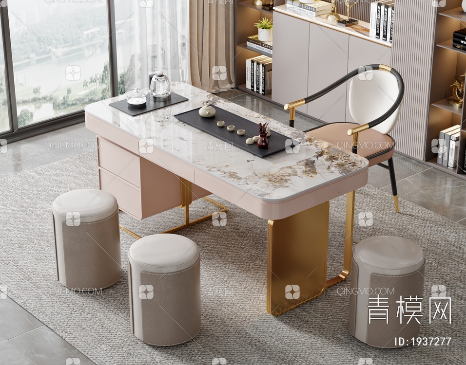 大理石茶桌椅组合3D模型下载【ID:1937277】