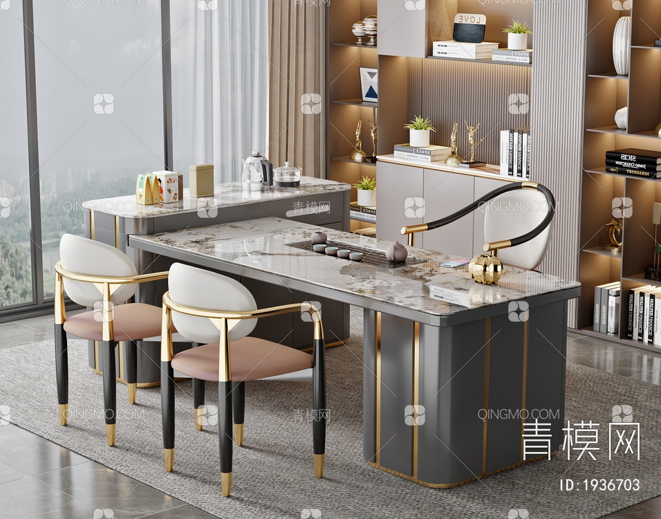大理石茶桌椅组合3D模型下载【ID:1936703】