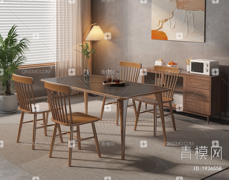 实木餐桌椅组合3D模型下载【ID:1936558】