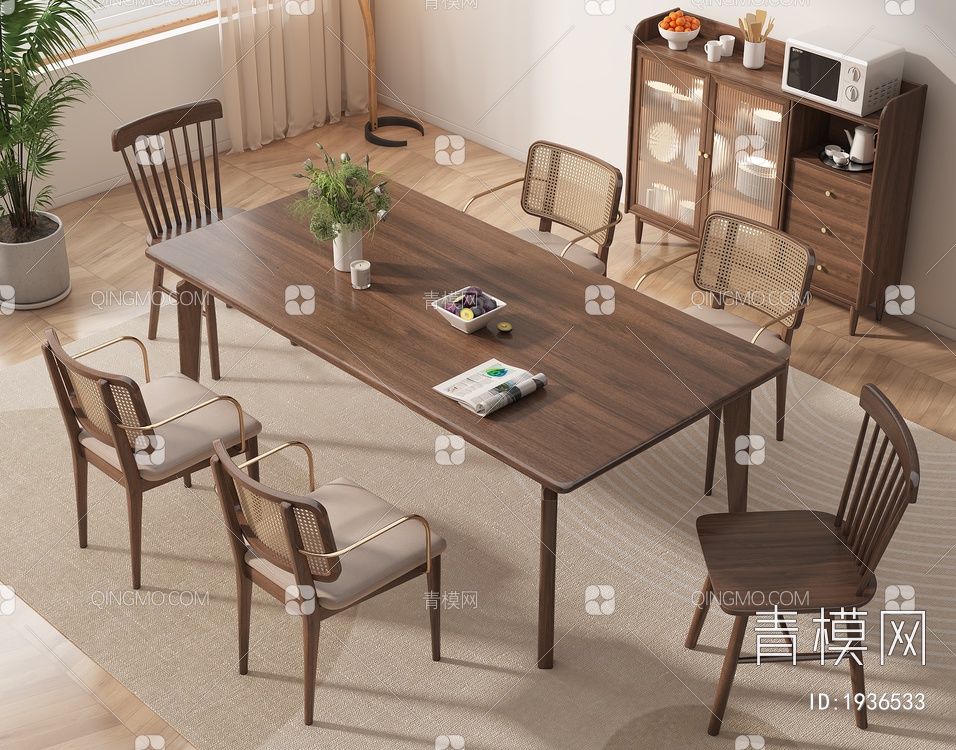 实木餐桌椅组合SU模型下载【ID:1936533】