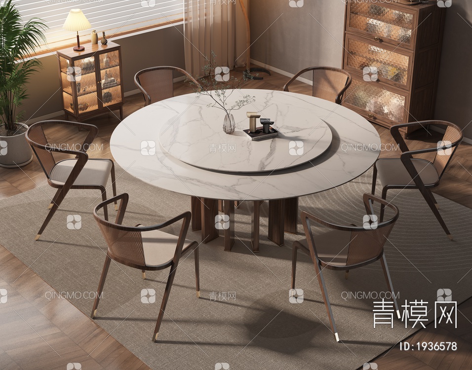 实木餐桌椅组合3D模型下载【ID:1936578】