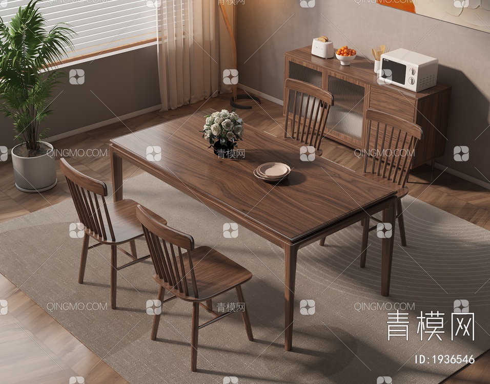 实木餐桌椅组合SU模型下载【ID:1936546】