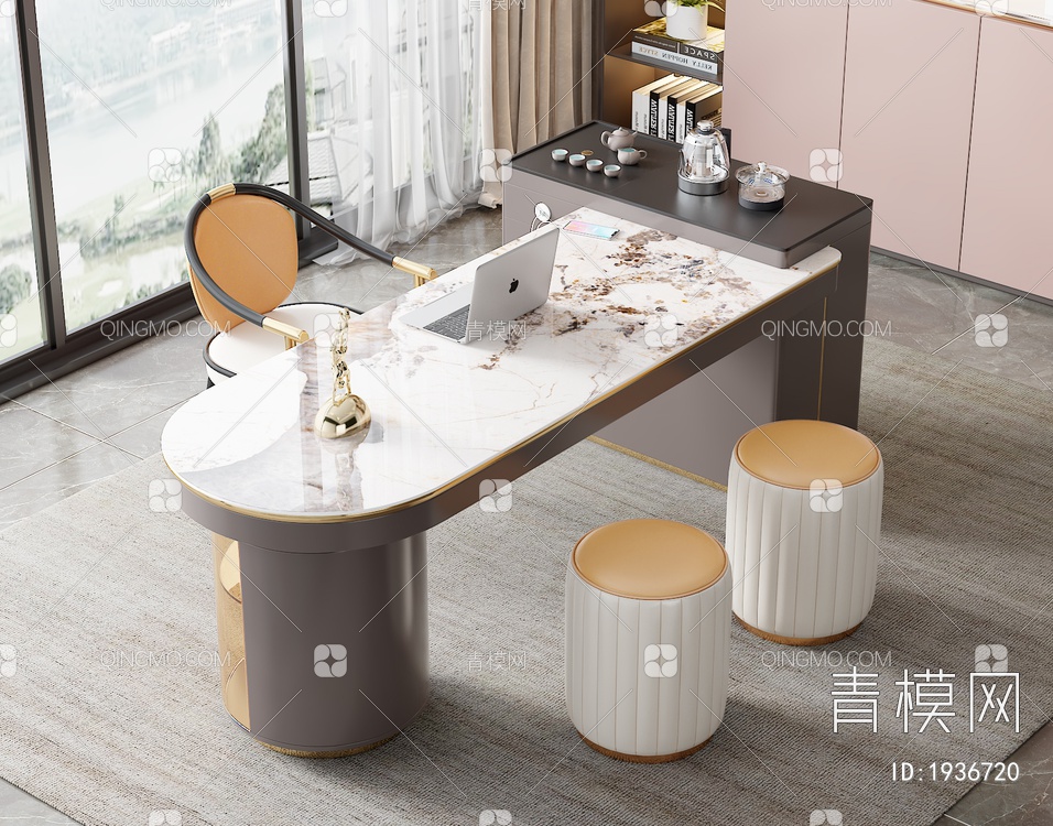 大理石茶桌椅组合3D模型下载【ID:1936720】