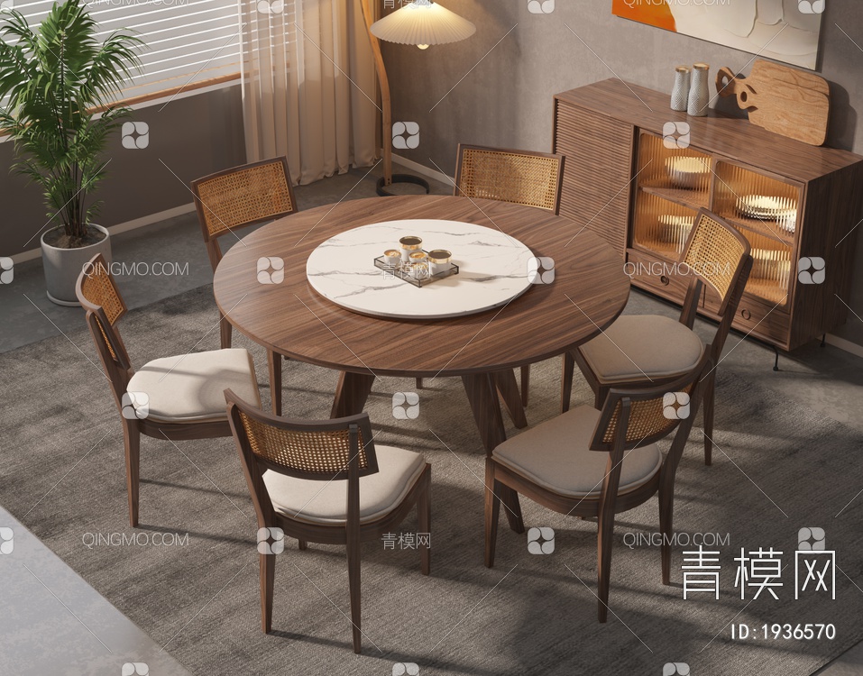 实木餐桌椅组合SU模型下载【ID:1936570】