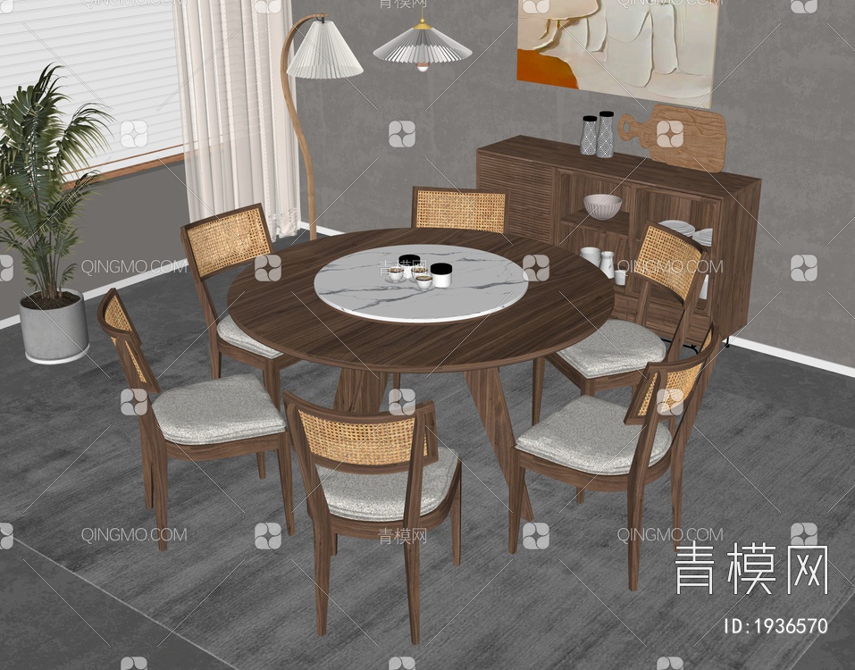 实木餐桌椅组合SU模型下载【ID:1936570】