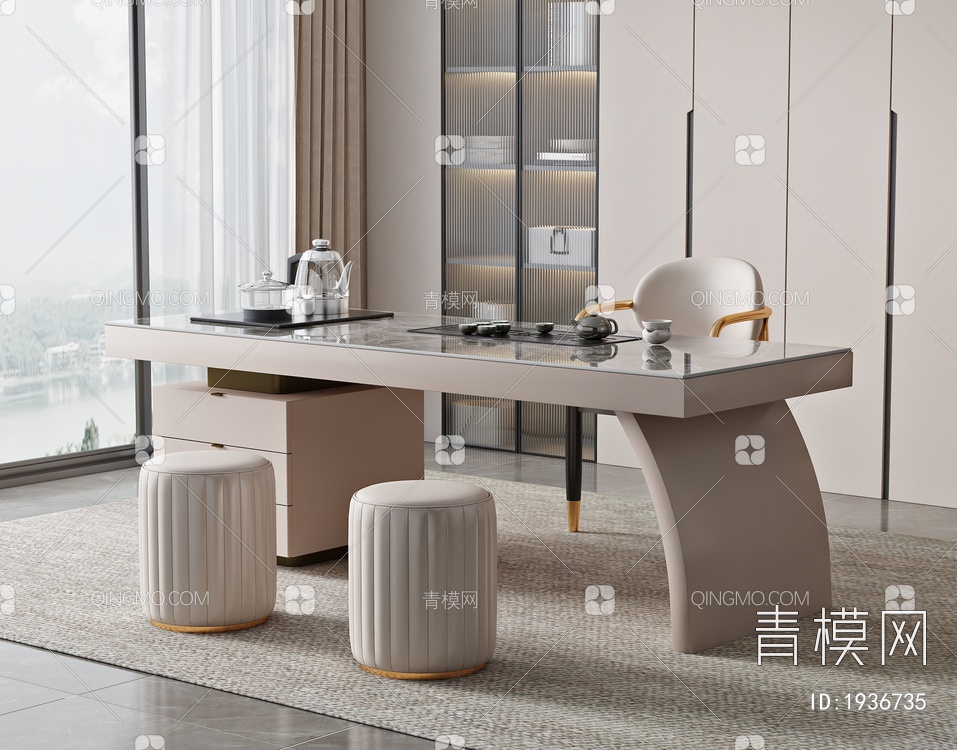 大理石茶桌椅组合3D模型下载【ID:1936735】