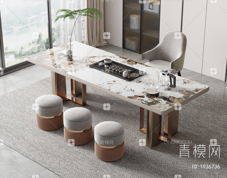 大理石茶桌椅组合3D模型下载【ID:1936736】