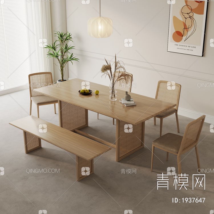 实木餐桌椅组合 实木餐桌椅 藤编餐椅3D模型下载【ID:1937647】