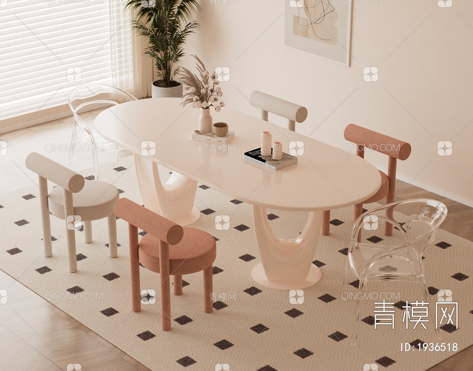 奶油风餐桌椅组合SU模型下载【ID:1936518】