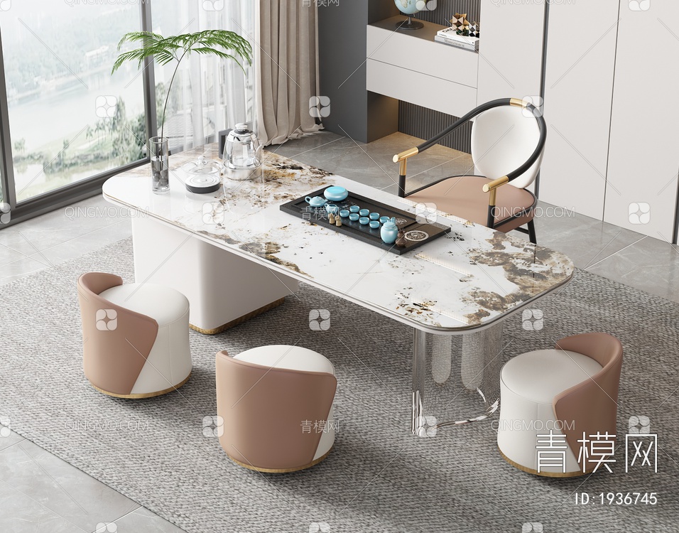 大理石茶桌椅组合3D模型下载【ID:1936745】