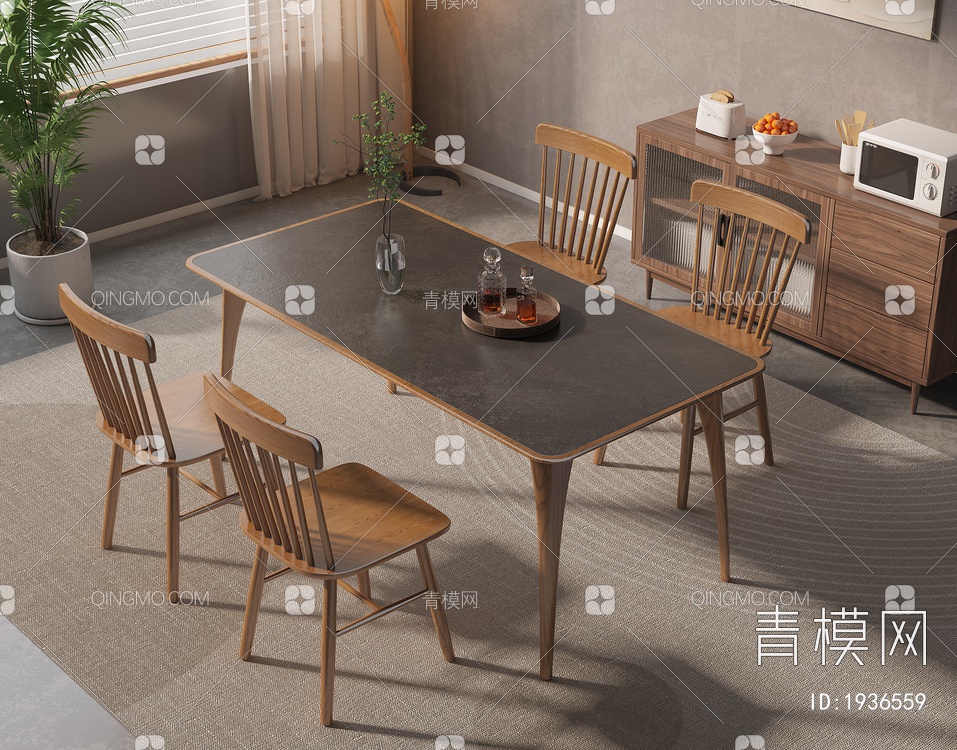 实木餐桌椅组合SU模型下载【ID:1936559】