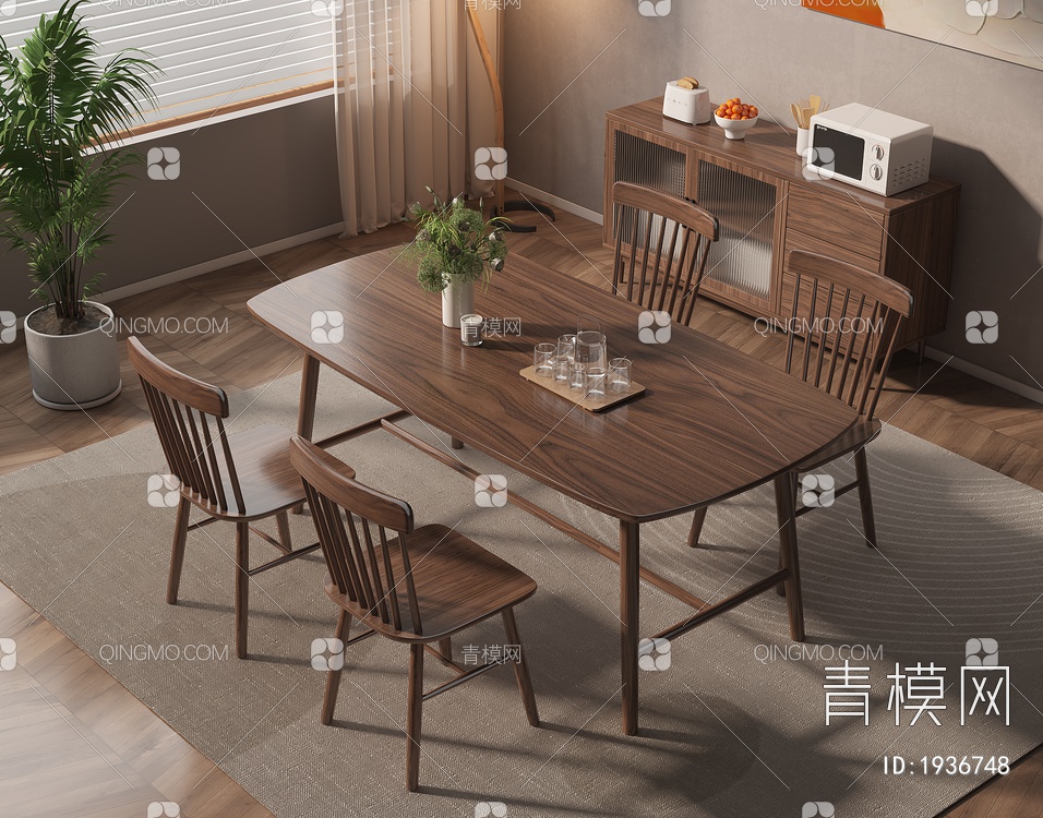 实木餐桌椅组合3D模型下载【ID:1936748】
